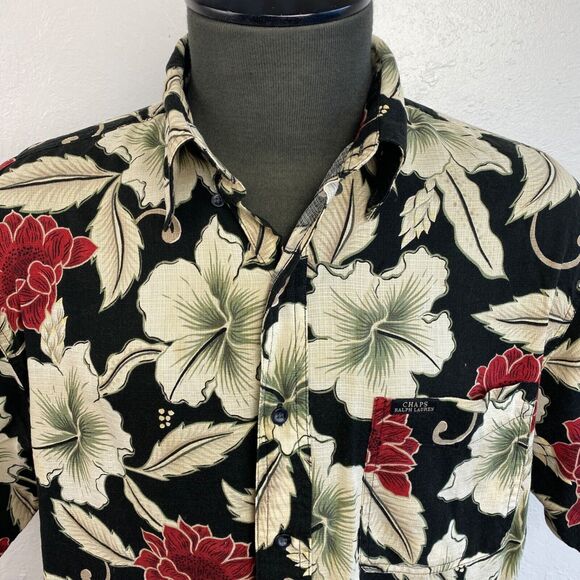 Chaps Ralph Lauren Aloha Floral Shirt Large Short Sleeve Button Front Bark Cloth - Picture 3 of 10